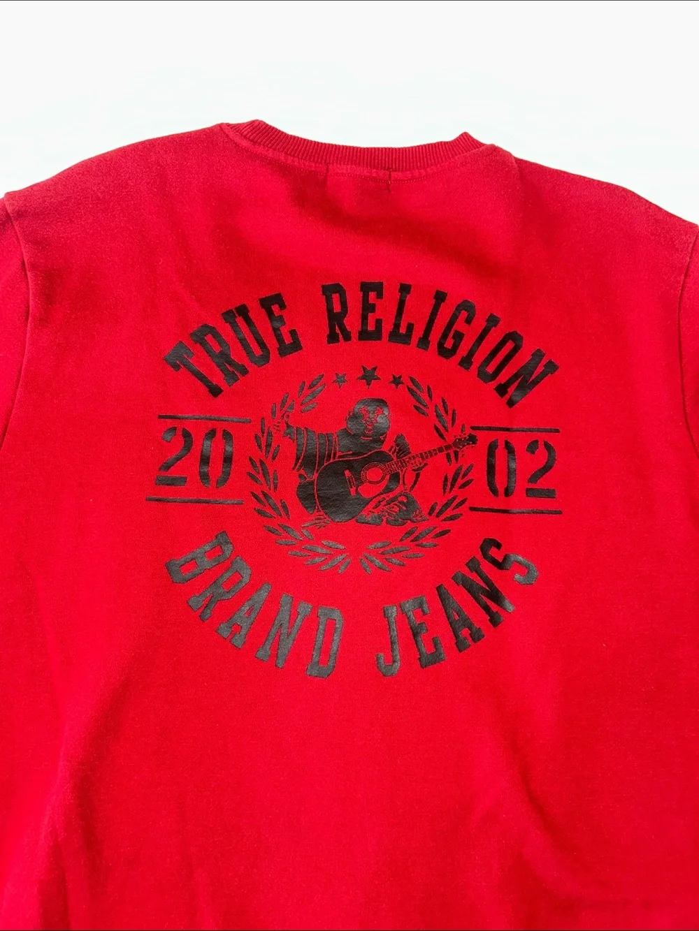 True Religion Red Crewneck Sweatshirt with Black Horseshoe Logo